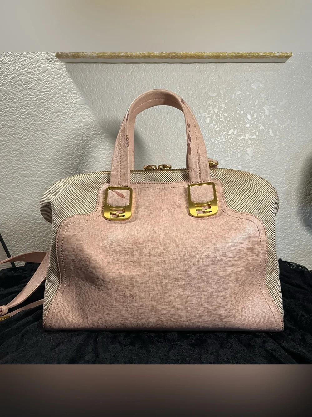 Fendi Chameleon Large Tote Bag 8BL114 Pink Leather Beige Canvas 2-Way Satchel